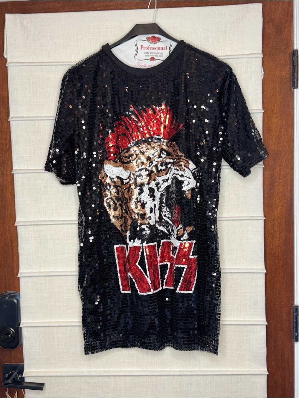 Sequin Black Mini Tshirt Dress with Red Leopard Graphic